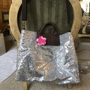 Silver Sequined Bag with Brown Leather Accents!